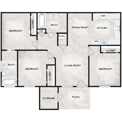 Floor plan for 3 beds, 2 baths, 958 sqft
